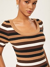 olcso Virágos ruhák-Nő Kötött ruha Barna Rövid ujjú Csíkos Nyár Ősz Elegáns Bodycon S M L
