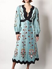 billiga Sweatshirt &amp; hoodie klänningar-Dam Midiklänning Blommig klänning Klänning med tryck Klassisk Modern Utomhus Semester Helgdag Normal Blomma Långärmad V-hals Blå Höst