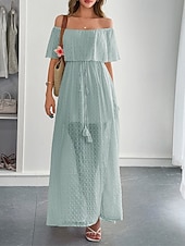 abordables Robes fleuries élégantes-Femmes Robe Longue Maxi Robe Robe Décontractée Robe d&#039;été Mode Moderne Quotidien Plage Week-end Coupe régulière Uni Manche Courte Épaules Dénudées Vert Été Printemps
