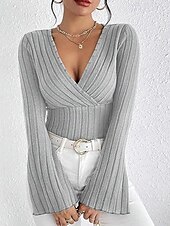 preiswerte Damen Einfache Oberteile-Damen T Shirt Einfach Mode Modern Langarm V Ausschnitt Normale Oberteile Täglich Tunika Schwarz Armeegrün Grau Sommer