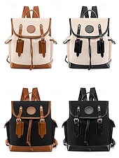 cheap College Backpacks-Women&#039;s Vintage Faux Leather Trim Backpack - Waterproof Canvas Preppy School Bag with Drawstring Closure for Teenage Girls, Students and Daily Use