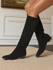 olcso Slouch Boots-női bő, térdig érő, lapos csizma - bézs művelúr retró stílusú, őszi divatos csizma hétköznapi viseletre és kosztümökbe