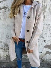 voordelige Winterjassen-Dames Winterjas Houd Warm Comfortabel Zak Gebreid Modieus Dagelijks Effen Buiten Casual Dagelijks Enkele rij knopen Lang Capuchon Normale pasvorm Lange mouw bovenkleding Zwart Geel Grijs Lente Herfst