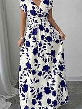 tanie Sukienki kwiatowe-Damskie Sukienka maxi Sukienka A line Urlop Codzienny Boho Na zewnątrz Wyjściowe Luźny / a Kwiaty Krótki rękaw W serek Czarny Czerwony Niebieski Pomarańczowy Lato