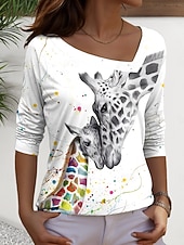 tanie Koszulka ze zwierzętami-Damskie Podkoszulek Graficzny Zwierzę Zabytkowe Codzienny Długi rękaw Asymetryczna szyja Zwykłe topy Codzienny Nadruk Biały Żółty Pomarańczowy Khaki Lato Wiosna Jesień