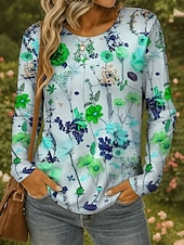 ieftine tricou floral-Pentru femei Tricou Floral Grafic Plante Epocă Stilat Clasic Manșon Lung Stil Nautic Rotund Topuri obișnuite Zilnic Imprimeu Galben Roșu-aprins Albastru piscină Mov Trifoi Vară Primăvară Toamnă