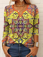 tanie T-shirt boho-Damskie Podkoszulek Graficzny Geometryczny Zabytkowe Elegancki Codzienny Długi rękaw Karbowana szyja Zwykłe topy Codzienny Nadruk Żółty Niebieski Fioletowy Pomarańczowy Lato Wiosna Jesień