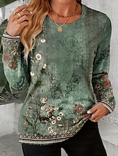cheap Floral tee-Women's T shirt Long Sleeve Crew Neck Long Sleeve Tunic Ombre Floral Graphic Vintage Stylish Classic Round Neck Regular Tops Daily Print Sage Green Fall Prefall