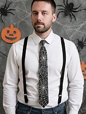 economico Accessori di Halloween-Cravatta da uomo con stampa ragnatela di Halloween – cravatta sottile in raso bianco e nero, elegante accessorio per feste, cosplay, eventi formali e abiti da ufficio per Halloween