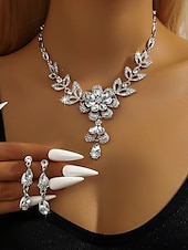 abordables Collar de mujer-Conjunto de collar y pendientes de cristal azul bañados en oro para mujer con diseño floral: elegante joyería de fiesta para eventos formales y celebraciones nocturnas.