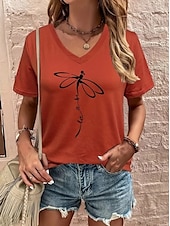billige Dyrene tee-Dame T skjorte Grafisk Dyr Dragonfly Årgang Stilfull Klassisk Kortermet V-hals Vanlige topper Daglig Ut på byen Helg Trykt mønster Svart Rosa Rød Blå Grå Sommer Vår
