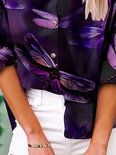 billige Kunst og Design Bluser-Dame Skjorte Knapper Trykt mønster Dragonfly Aktiv Daglig Stilfull Langermet Skjortekrage Vanlige topper Daglig Ferie Lilla Sommer Vår Høst