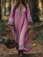 preiswerte Boho Kleider-Damen Maxikleid A Linie Kleid Urlaub Lässig Boho Strand Normale Passform Grafik Geometrisch Langarm V Ausschnitt Rosa Blau Purpur Grün Sommer Frühling Herbst