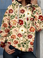 baratos Tops Florais-Mulheres Pulôver Moletom Com Capuz Floral Gráfico Elegante Quente Ativo Manga Longa Com Capuz Tops regulares Rua Dia a Dia Casual Imprimir Castanho Avermelhado Primavera Outono Inverno