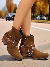 abordables Bottines-Bottines en daim marron pour femmes avec chaîne et ceinture - bottines à talons épais de style western tendance pour les tenues décontractées et les sorties d&#039;automne