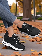 baratos Ténis de mulher-Tênis feminino flyknit com salto oculto, estilo esportivo com listras ousadas, perfeito para uso diário, caminhadas e passeios casuais