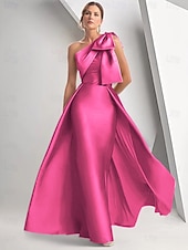 abordables Champagne-Robe de soirée A-Line élégante robe formelle longueur sol sans manches épaule unique mariage d&#039;automne satin avec nœud(s)