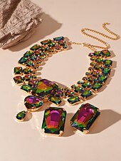 abordables Collar de mujer-Gargantilla y pendientes de cristal plateado con declaración para mujer: joyas glamurosas con diamantes de imitación grandes para fiestas, bodas y eventos formales.
