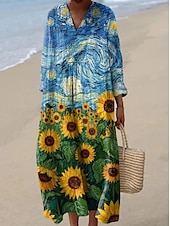 economico Abiti floreali-Per donna Abito maxi Vestito Estivo Abito a trapezio Vacanza Casual Boho Feste Uscire Spiaggia Floreale Grafico Manica Lunga Scollo a V Giallo Arancione Verde Estate Primavera Autunno