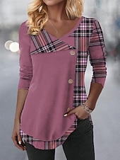 cheap Stripe&amp;Geometric tee-Women&#039;s Blouse Plaid Stylish Casual Long Sleeve V Neck Regular Tops Daily Buttons Print Pink Blue Purple Green Spring Fall