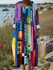 preiswerte Streifen- und geometrische Kleider-Damen Midikleid Sommerkleid Shiftkleid Urlaub Lässig Strand Ausgehen Strand Lässiger Schnitt Grafik Geometrisch Abstrakt Langarm V Ausschnitt Rosa Blau Orange Sommer Frühling Herbst