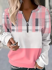 preiswerte Streifen- und geometrische Oberteile-Damen Pullover Sweatshirt Sweatshirts mit Reißverschluss Grafik Karomuster Mode Lässig Langarm Rundhalsausschnitt Normale Oberteile Straße Alltagskleidung Reißverschluss Druck Rosa Herbst Winter