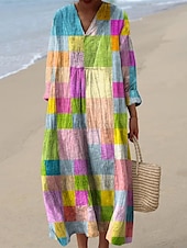 abordables Robes Floraux Imprimés-Femmes Robe Midi Robe Décontractée Robe Imprimée Mode Moderne Quotidien Plage Week-end Coupe régulière Arbre manche longue Col en V Jaune Bleu Orange Bleu de minuit Printemps Automne