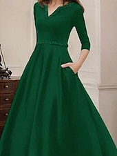 abordables Robes de cocktail-Robe de cocktail trapèze élégante, robe de soirée formelle, longueur thé, robe asymétrique, manches mi-longues, col en V, satin extensible avec poche à perles, 2025