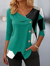 billige Stripe og geometrisk t-skjorte-Dame Bluse Grafisk Geometrisk Fargeblokk Årgang Stilfull Moderne Langermet V-hals Vanlige topper Daglig Lapper Knapper Trykt mønster Rød Blå Lilla Grønn Vår Høst Vinter