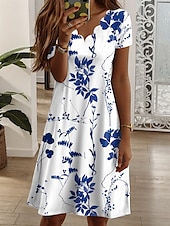 preiswerte Blumenkleid-Damen Minikleid T-Shirt-Kleid Sommerkleid A Linie Kleid Urlaub Lässig Täglich Normale Passform Blumen Grafik Kurzarm V Ausschnitt Gelb Rosa Blau Grün Sommer Frühling
