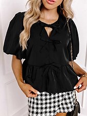 abordables Hauts Unis pour Femmes-Femmes Chemisier Uni Moderne Occasionnel Manche Courte Col ras du cou Hauts Réguliers Quotidien Fête Sortir Œillet Noir Automne