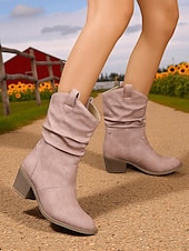 levne Slouch Boots-Dámské hnědé volné kozačky do půli lýtek s úzkým podpatkem – boty z umělé kůže ve vintage westernovém stylu na venkovské outfity, návštěvy farem a podzimní festivaly