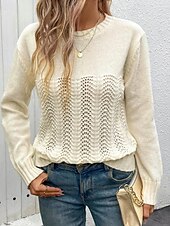 preiswerte Damen Einfache Oberteile-Damen Pullover Täglich Stilvoll Lässig Einfarbig Gerippt Rundhalsausschnitt Gestrickt Langarm Normale Oberteile Stricken Täglich Ferien Ausgehen Aprikose Frühling Herbst