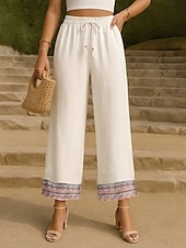 economico Pantaloni in lino e cotone semplici-Per donna Pantaloni in cotone e lino Chinos Pantaloni Moda Stile Etnico Essenziale Lunghezza intera Vita Alta Floreale Ricamato Tasca Coulisse Comodità All&#039;aperto Micro-elastico Vacanza Streetwear