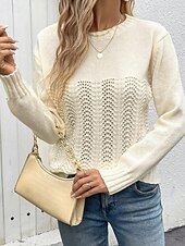 preiswerte Damen Einfache Oberteile-Damen Pullover Täglich Stilvoll Lässig Einfarbig Gerippt Rundhalsausschnitt Gestrickt Langarm Normale Oberteile Stricken Täglich Ferien Ausgehen Aprikose Frühling Herbst