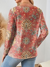 abordables T-shirt Boho-Femmes T-shirt Graphique Paisley ancien Élégant Classique manche longue Col en V Hauts Réguliers Quotidien Imprimé Rose Claire Rouge Bleu Violet Vert Printemps Automne