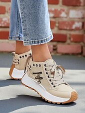 abordables Baskets femme-Baskets montantes en toile pour femmes – Chaussures à lacets à plateforme décontractées pour le style urbain, les voyages et les activités du week-end
