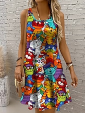 abordables Animales Vestidos-Mujer Mini vestido Vestido de verano Vestido de una línea Vestido con hombros descubiertos Vacaciones Casual Festivos Playa Ajuste regular Graphic Gato Sin Mangas Cuello Barco Amarillo Rojo Azul