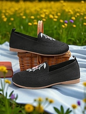 preiswerte Damenhausschuhe und -halbschuhe-Barfußschuhe für Damen mit breiter Zehenpartie – Flyknit-Ballerinas mit Blumenstickerei für Picknicks, Gartenspaziergänge und Sommerausflüge