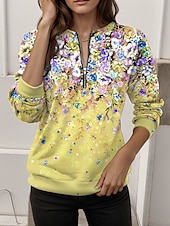 ieftine Topuri florale-Pentru femei Hanorac pulover Hanorace cu fermoar Floral Grafic Modă Casual Manșon Lung Stil Nautic Topuri obișnuite Stradă Zilnice Fermoar Imprimeu Galben Roz Îmbujorat Albastru piscină Portocaliu
