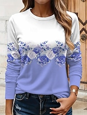 abordables T-shirt floral-Femmes T-shirt Fleuri Graphique Plantes ancien Élégant Classique manche longue Col ras du cou Col rond Hauts Réguliers Quotidien Imprimé Jaune Rose Claire Bleu Violet Vert Été Printemps Automne