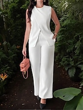 billiga breda ben och hög midja-Dam Elegant Mode Byxuppsättningar Bolero Top Ärmlös Rund hals Ensfärgat Semester Ledigt / vardag Svart Vit Rubinrött Sommar Normal