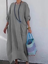 abordables concevoir des robes en coton et lin-Femmes Robe Longue Maxi Robe Robe Décontractée Mode Moderne Extérieur Vacances Fête Coupe régulière Uni manche longue Col ras du cou Blanche Jaune Rose Claire bleu marine Automne