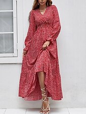 preiswerte Elegante Blumenkleider-Damen Langes Kleid Maxikleid Freizeitkleid Druckkleid Mode Modern Täglich Strand Wochenende Normale Passform Blume Langarm V Ausschnitt Schwarz Rote Blau Grün Sommer Frühling Herbst