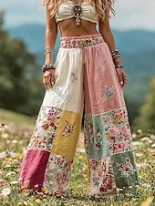 abordables jambe large et taille haute-Femmes Culottes Jambe Large Vacances ancien Style Ethnique Longueur complète Taille haute Fleuri Graphique Séchage Rapide Respirabilité Doux Non Elastique Formel Extérieur Vacances Rose Couleur Rubis
