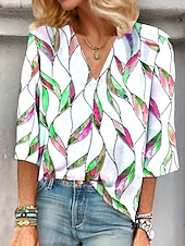 billige Blomstrete topper-Dame Bluse Grafisk Planter Elegant Stilfull Fritid 3/4 ermer V-hals Vanlige topper Daglig Ut på byen Trykt mønster Lysegrønn Lilla Rose Rosa Sommer Vår Høst
