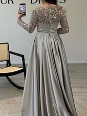 economico Champagne-Abito da sera sirena in paillettes abito in satin champagne arricciato maniche lunghe masquerade lunghezza fino al pavimento scollo illusion con perle gonna sovrapposta