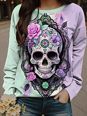 Halloween Women's Sweatshirts Floral Skulls Graphic Casual Long Sleeve Crew Neck Regular Tops Street Dailywear Print Green Spring Fall Winter4