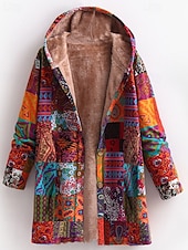 abordables Sudaderas forradas de forro polar-Mujer Abrigo Mantiene abrigado Cómodo Botones Estampado Casual Floral Noche Casual Diario Botonadura Simple Largo Con Capucha Ajuste regular Manga Larga Ropa de calle Amarillo Rojo Azul Piscina Otoño