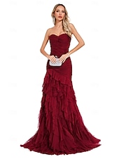 baratos Vestidos de Noite-Vestido de Festa de Sereia  Trompete Elegante Vestido Formal de Baile com Cauda Sem Mangas Gola Coração em Tule com Pregas e Xale